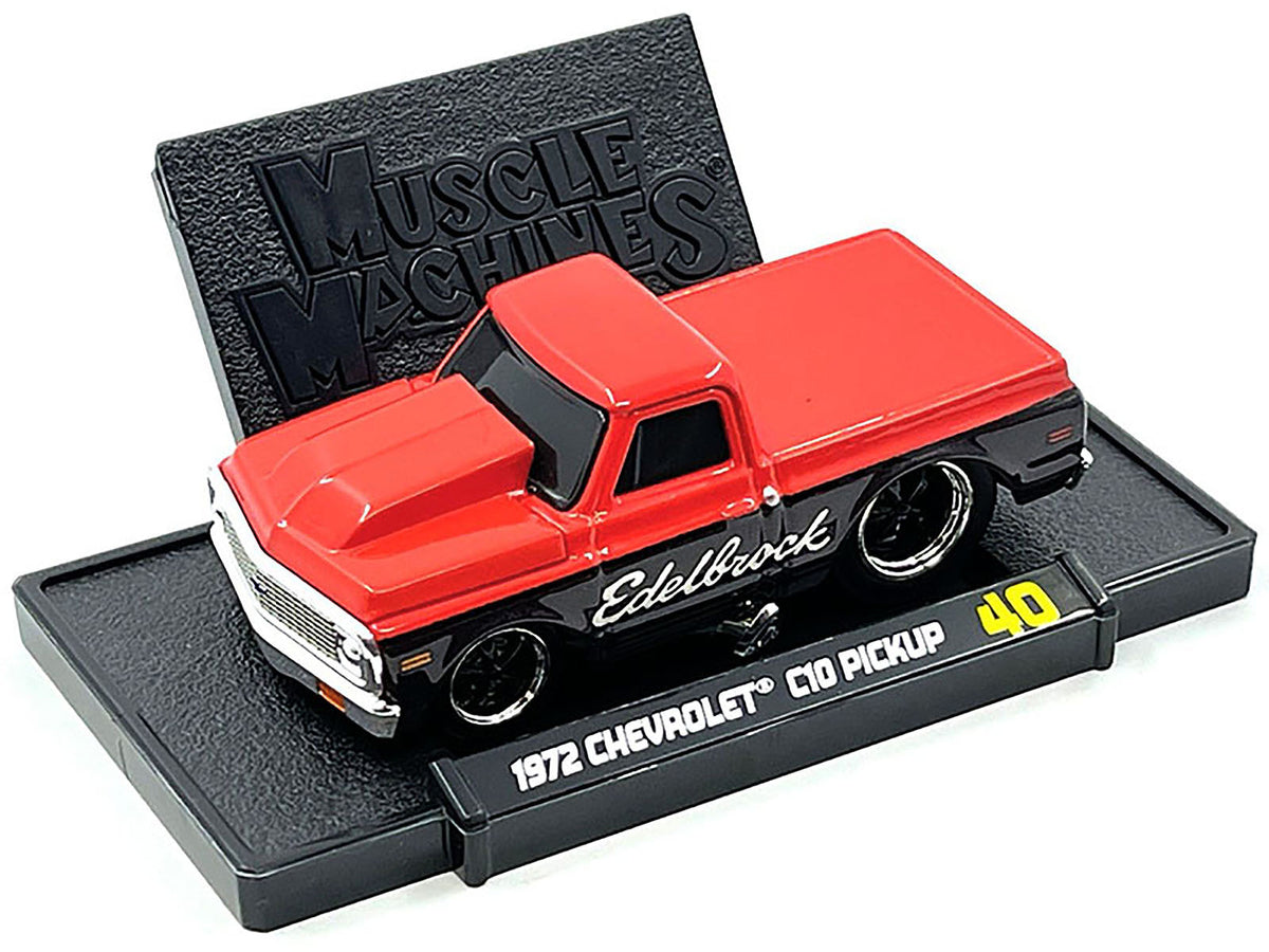 1972 Chevrolet C-10 Pickup Truck Red and Black 'Edelbrock' 1/64 Diecast Model Car by Muscle Machines