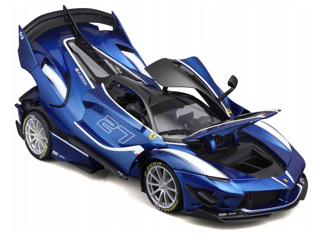 Ferrari FXX-K Evo #27 Blue Metallic with White Accents and Gray Metallic Top 'Race + Play' Series 1/18 Diecast Model Car by Bburago