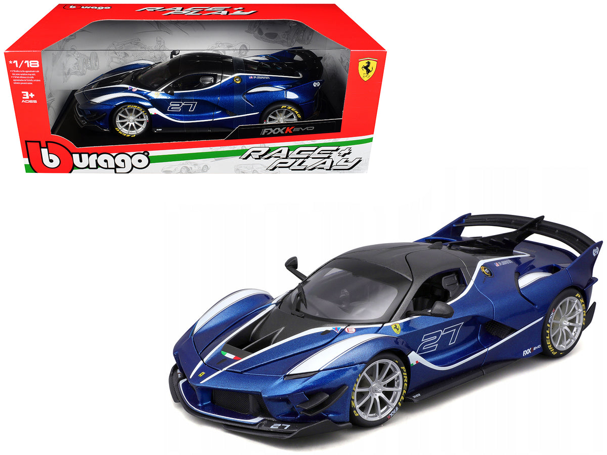Ferrari FXX-K Evo #27 Blue Metallic with White Accents and Gray Metallic Top 'Race + Play' Series 1/18 Diecast Model Car by Bburago