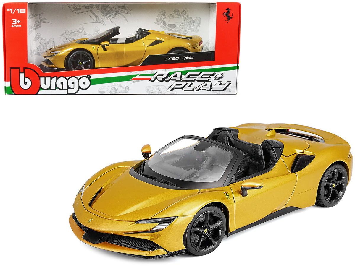 Ferrari SF90 Spider Gold Metallic 'Race + Play' Series 1/18 Diecast Model Car by Bburago