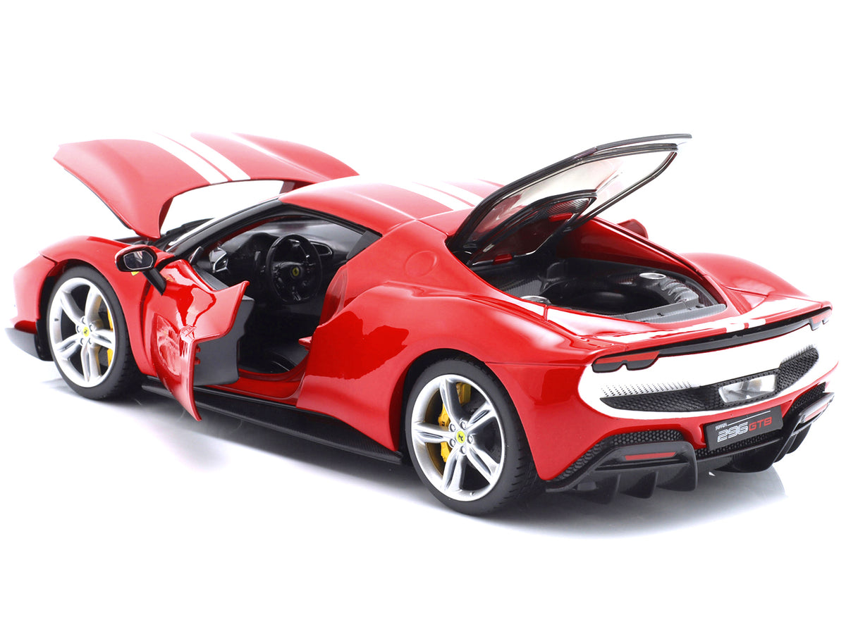 Ferrari 296 GTB Assetto Fiorano Red with White Stripes 'Race + Play' Series 1/18 Diecast Model Car by Bburago