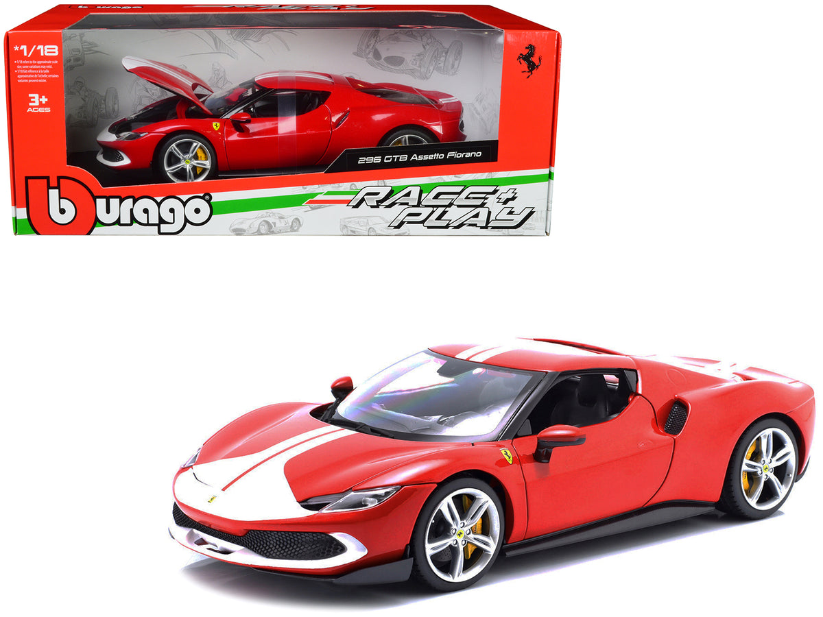 Ferrari 296 GTB Assetto Fiorano Red with White Stripes 'Race + Play' Series 1/18 Diecast Model Car by Bburago
