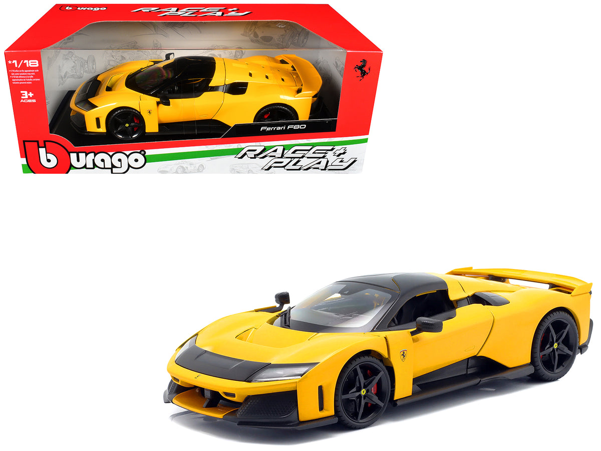 Ferrari F80 Yellow with Black Top 'Race + Play' Series 1/18 Diecast Model Car by Bburago