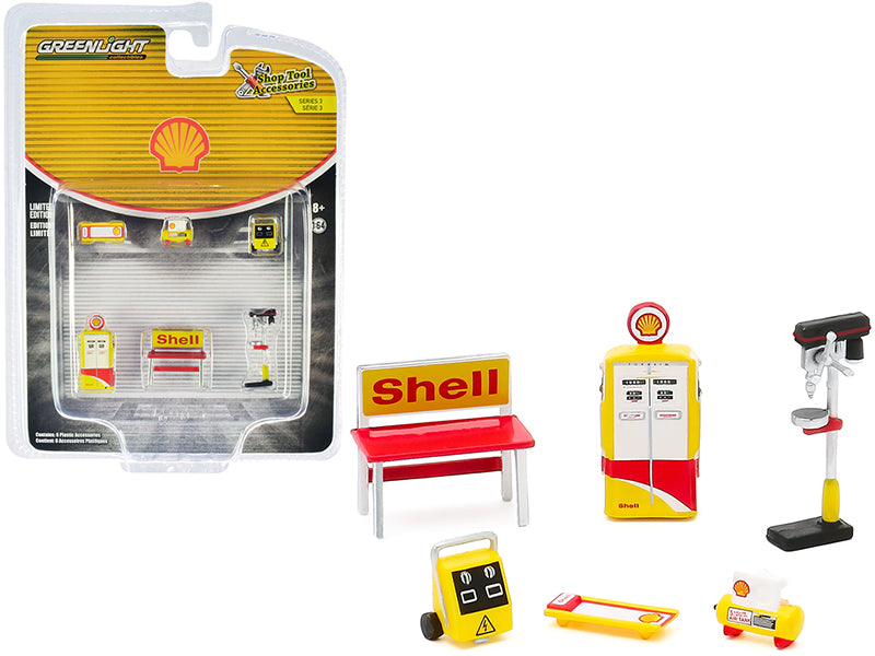 'Shell Oil' 6 piece Shop Tools Set 'Shop Tool Accessories' Series 3 1/64 by Greenlight