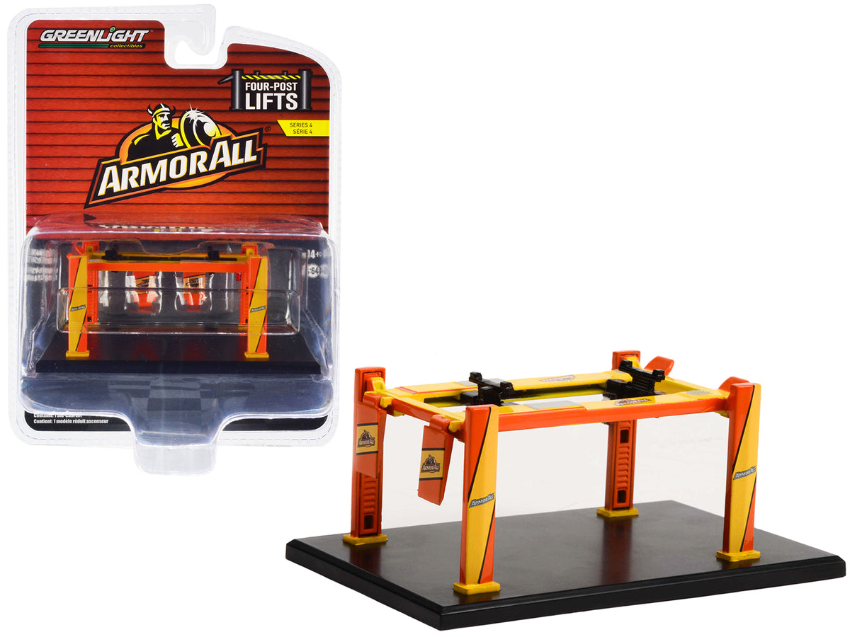 Adjustable Four-Post Lift 'ArmorAll' Orange and Yellow 'Four-Post Lifts' Series 4 1/64 Diecast Model by Greenlight