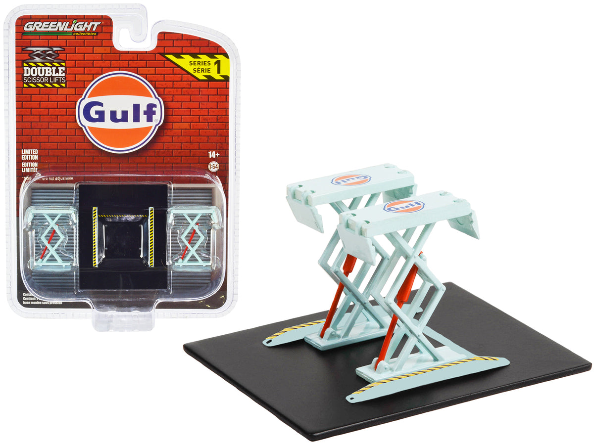 Automotive Double Scissor Lift 'Gulf Oil' Light Blue 'Double Scissor Lifts' Series 1 1/64 Diecast Model by Greenlight