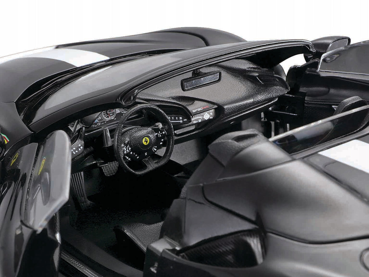 Ferrari SF90 Spider Assetto Fiorano Black Metallic with White Stripes 'Signature Series' 1/18 Diecast Model Car by Bburago