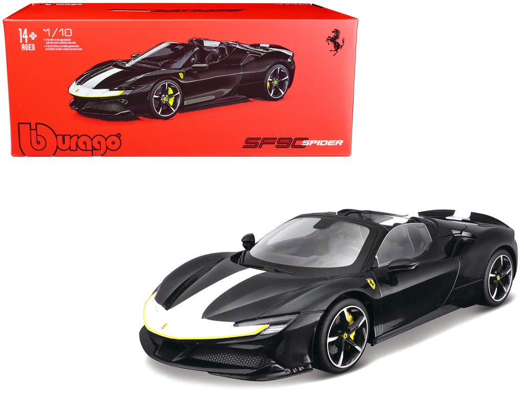 Ferrari SF90 Spider Assetto Fiorano Black Metallic with White Stripes 'Signature Series' 1/18 Diecast Model Car by Bburago