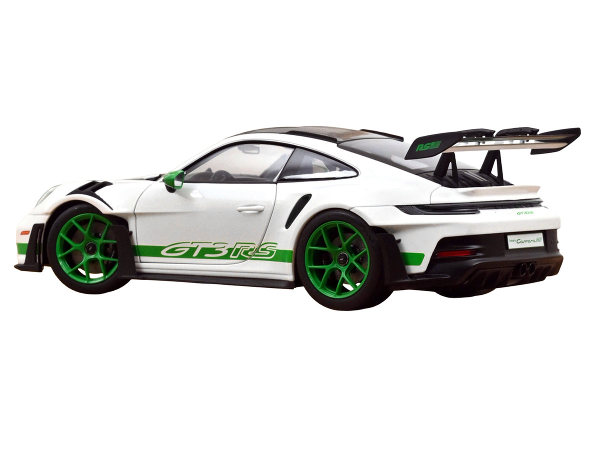 2022 Porsche 911 GT3 RS Weissach Pack White with Green Stripes And Carbon Hood and Top 1/18 Diecast Model Car by Norev