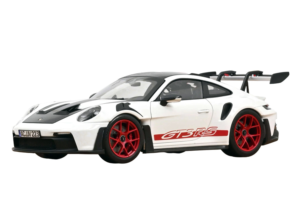 2022 Porsche 911 GT3 RS with Weissach Pack White with Carbon Hood and Top and Pyro Red Stripes and Wheels 1/18 Diecast Model Car by Norev