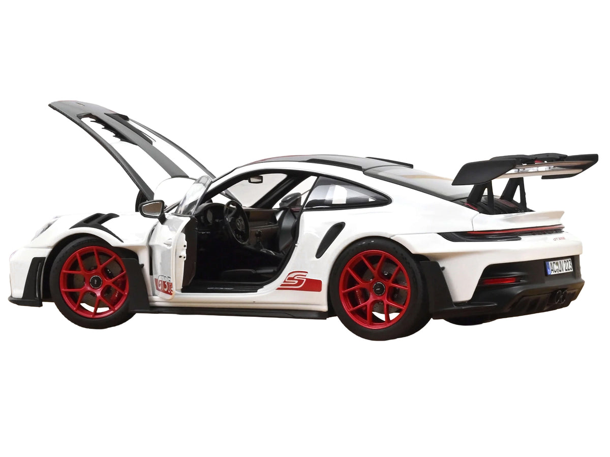 2022 Porsche 911 GT3 RS with Weissach Pack White with Carbon Hood and Top and Pyro Red Stripes and Wheels 1/18 Diecast Model Car by Norev