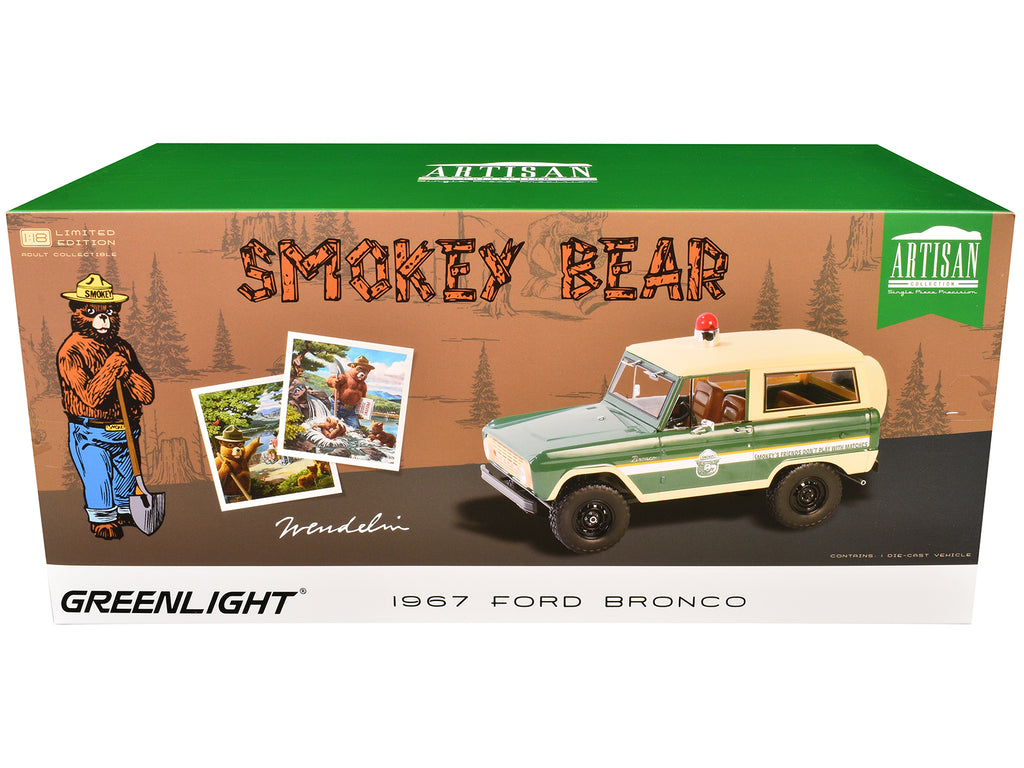 1967 Ford Bronco 'Smokey Bear Forest Ranger' Green and Cream with White Stripes 'Artisan Collection' 1/18 Diecast Model Car by Greenlight
