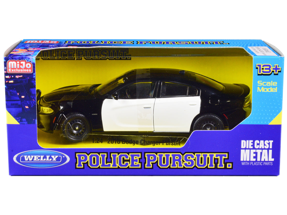 2016 Dodge Charger Pursuit Police Interceptor Black and White Unmarked 'Police Pursuit' Series 1/24 Diecast Model Car by Welly