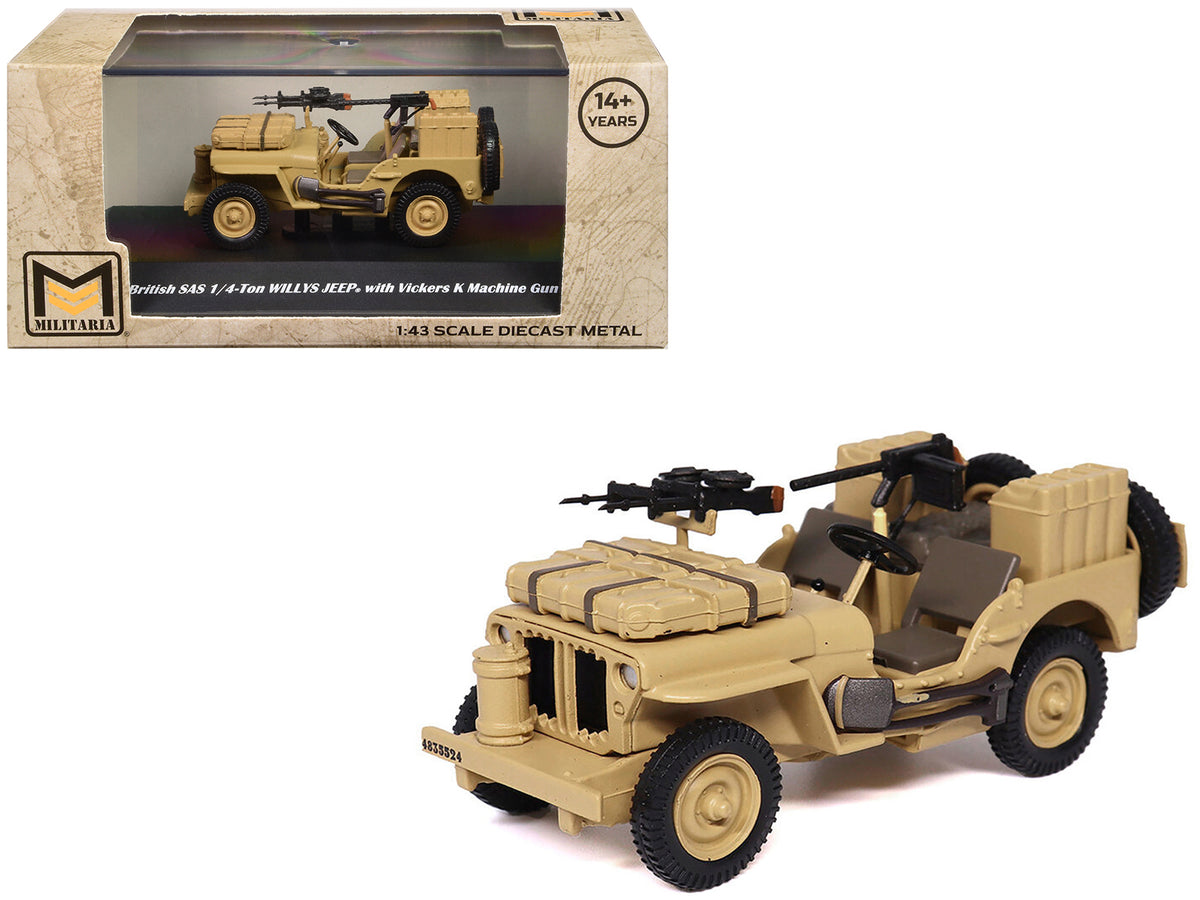 British SAS 1/4-Ton Willys Jeep with Vickers K Machine Gun Desert Sand 'British Royal Army' 1/43 Diecast Model by Militaria Die Cast