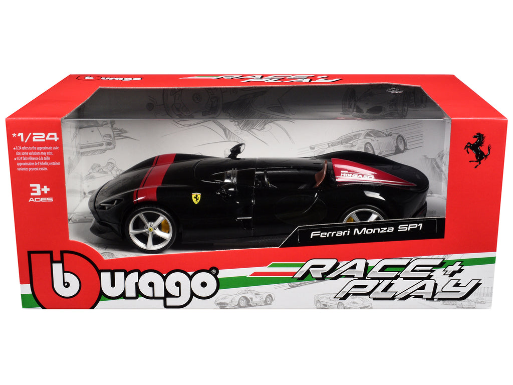 Ferrari Monza SP1 Black Metallic with Red Stripes 'Race & Play' Series 1/24 Diecast Model Car by Bburago