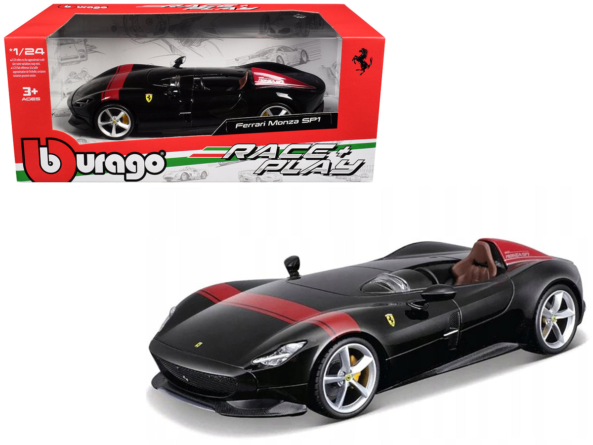 Ferrari Monza SP1 Black Metallic with Red Stripes 'Race & Play' Series 1/24 Diecast Model Car by Bburago