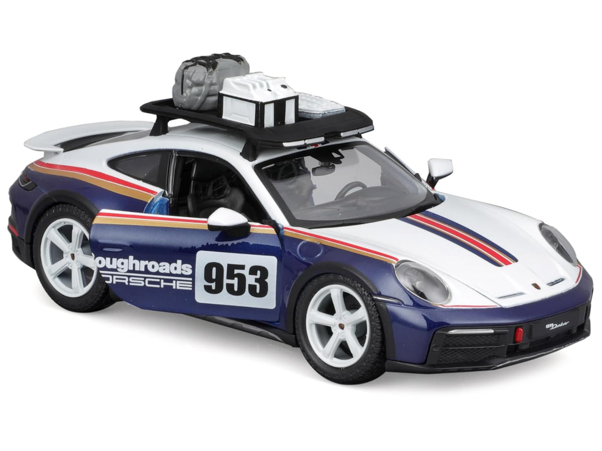 Porsche 911 Dakar #953 'Roughroads Porsche' Blue and White with Stripes and Roof Rack 'Race' Series 1/24 Diecast Model Car by Bburago