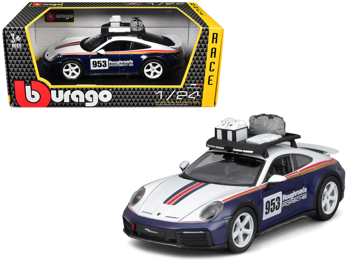 Porsche 911 Dakar #953 'Roughroads Porsche' Blue and White with Stripes and Roof Rack 'Race' Series 1/24 Diecast Model Car by Bburago