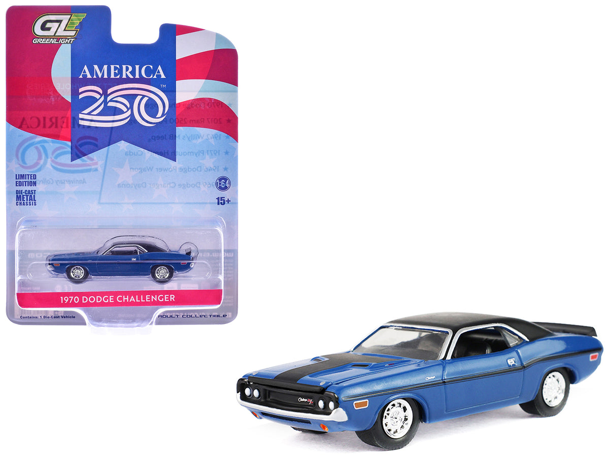 1970 Dodge Challenger Blue with Black Top 'America 250 Edition' 'Anniversary Collection' Series 18 1/64 Diecast Model Car by Greenlight