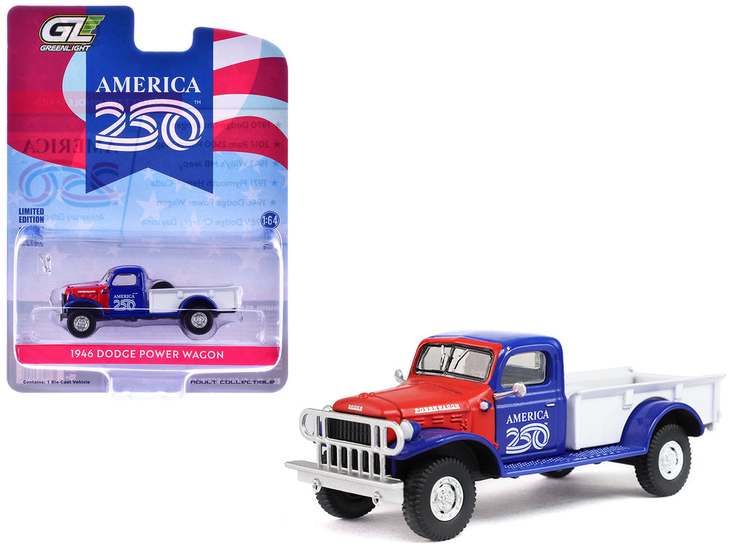1946 Dodge Power Wagon Pickup Truck Red White and Blue 'America 250 Edition' 'Anniversary Collection' Series 18 1/64 Diecast Model Car by Greenlight