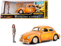 Volkswagen Beetle Weathered Yellow with Robot on Chassis and Charlie Diecast Figurine 'Bumblebee' (2018) Movie ('Transformers' Series) 'Hollywood Rides' Series 1/24 Diecast Model Car by Jada