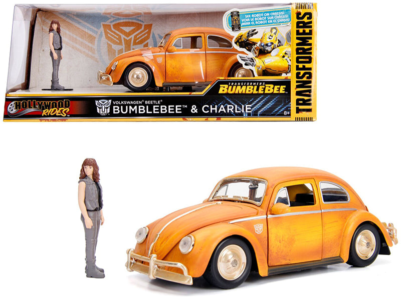 Volkswagen Beetle Weathered Yellow with Robot on Chassis and Charlie Diecast Figurine 'Bumblebee' (2018) Movie ('Transformers' Series) 'Hollywood Rides' Series 1/24 Diecast Model Car by Jada