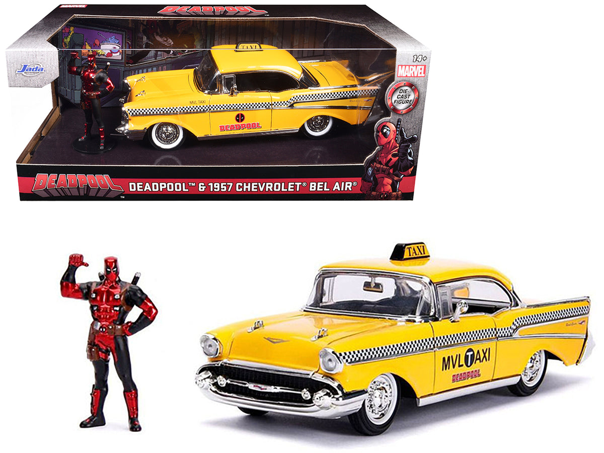 1957 Chevrolet Bel Air Taxi Yellow with Deadpool Diecast Figurine 'Marvel' Series 1/24 Diecast Model Car by Jada