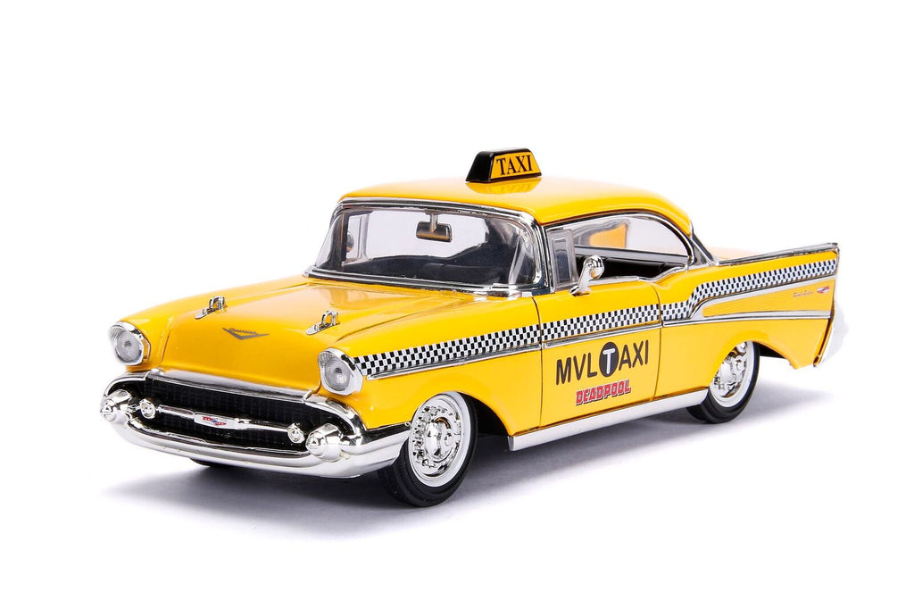 1957 Chevrolet Bel Air Taxi Yellow with Deadpool Diecast Figurine 'Marvel' Series 1/24 Diecast Model Car by Jada