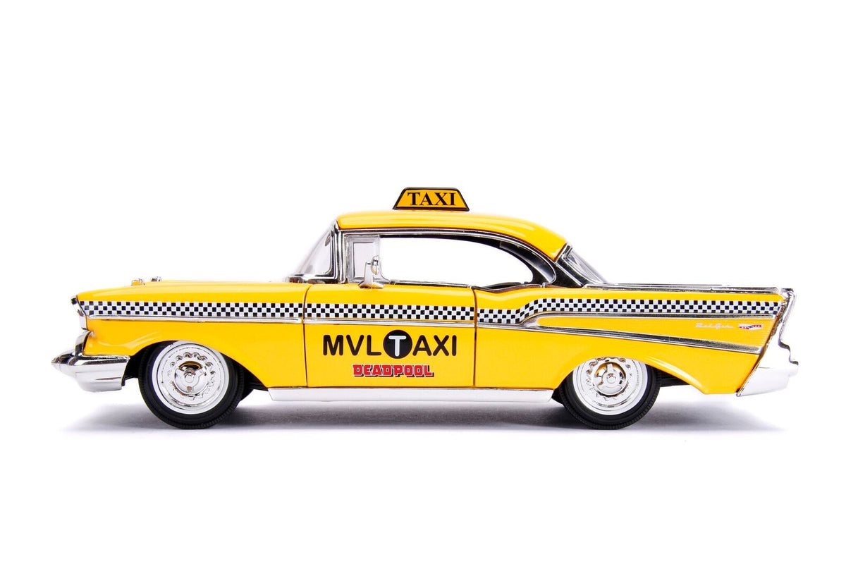 1957 Chevrolet Bel Air Taxi Yellow with Deadpool Diecast Figurine 'Marvel' Series 1/24 Diecast Model Car by Jada