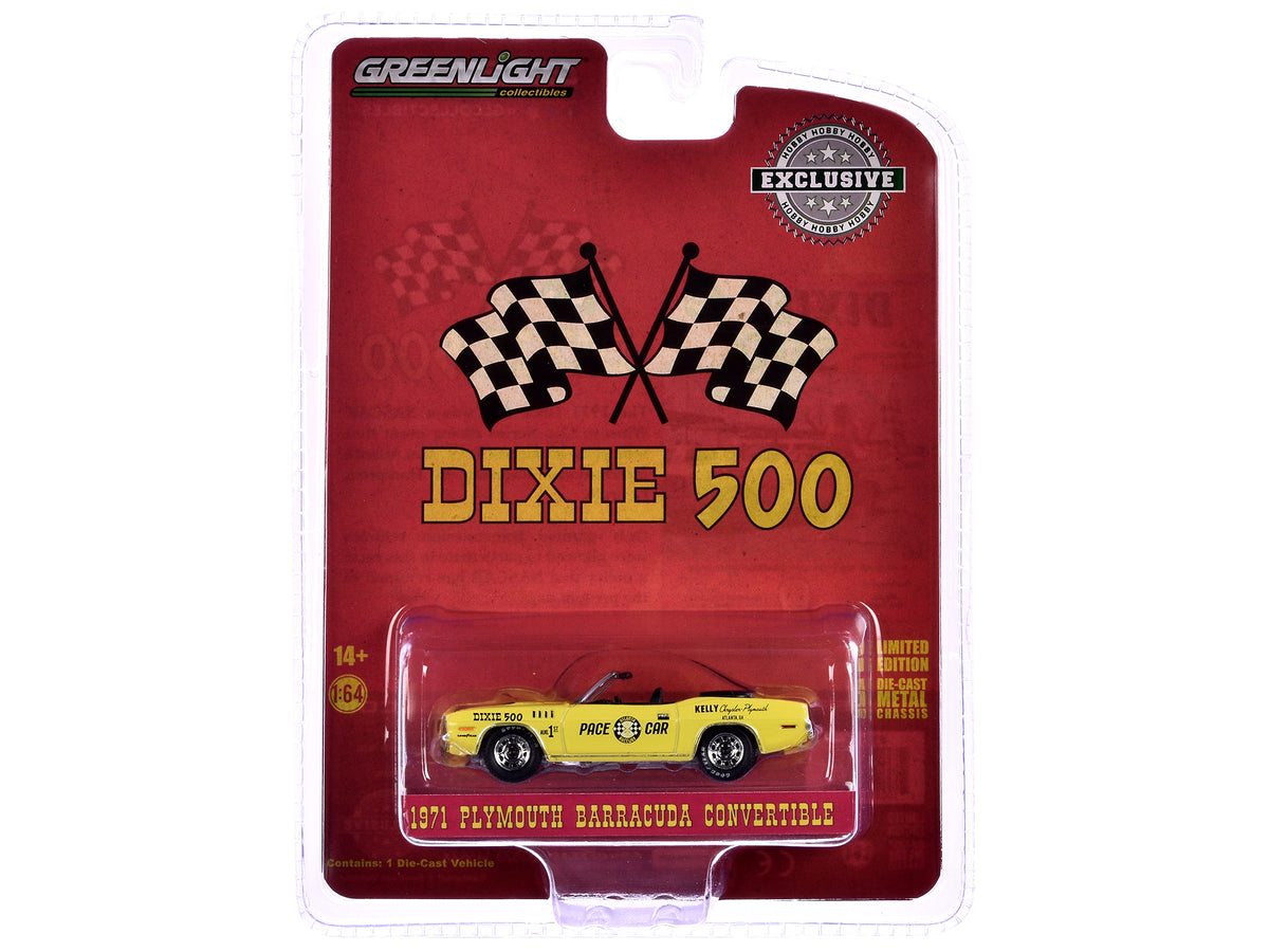 1971 Plymouth Barracuda Convertible 'Dixie 500 Pace Car' Yellow 'Hobby Exclusive' Series 1/64 Diecast Model Car by Greenlight