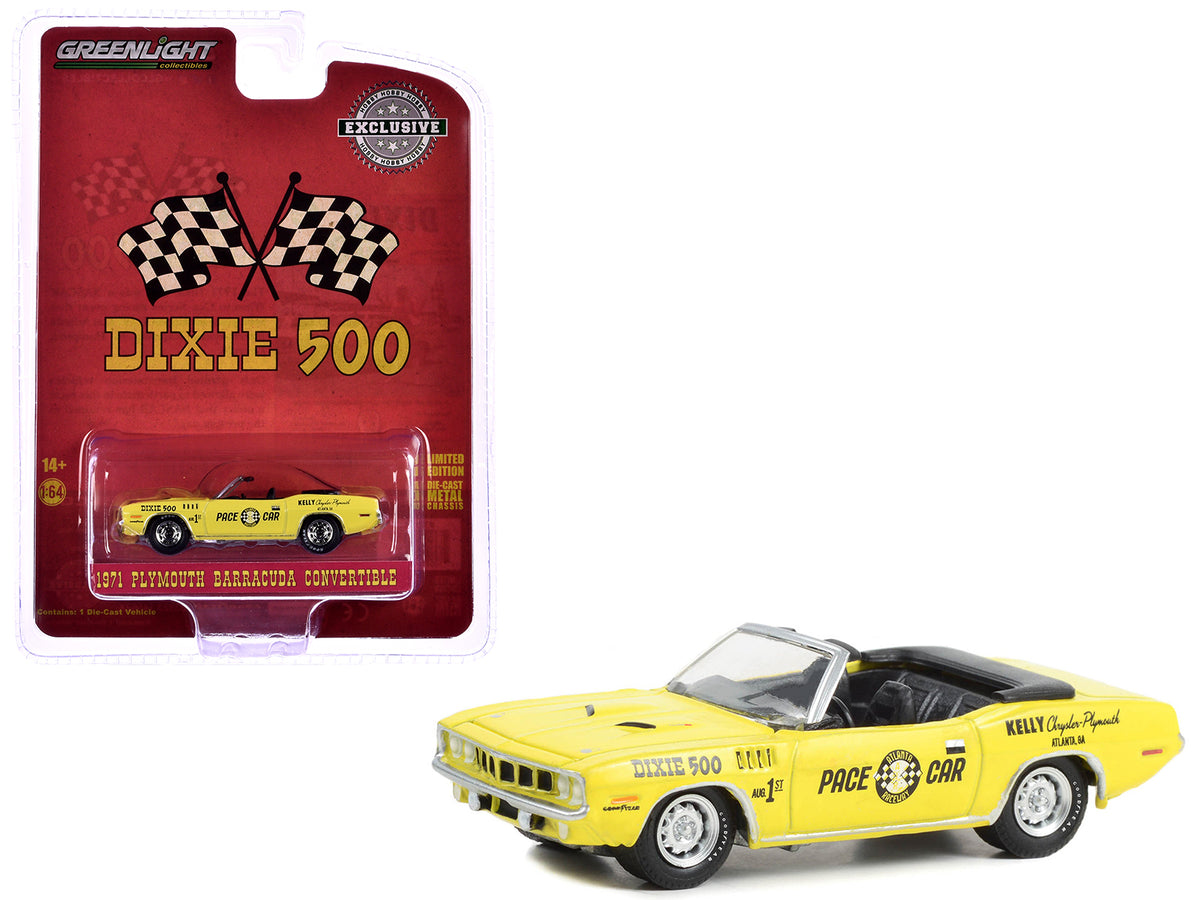 1971 Plymouth Barracuda Convertible 'Dixie 500 Pace Car' Yellow 'Hobby Exclusive' Series 1/64 Diecast Model Car by Greenlight