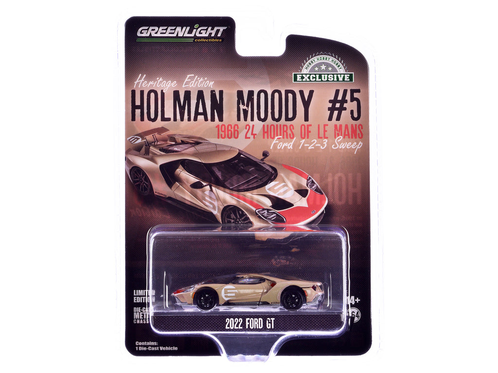 2022 Ford GT Heritage Edition #5 Holman-Moody '1966 24 Hours of Le Mans Ford 1-2-3 Sweep Tribute' Gold Metallic with Red Accents 'Hobby Exclusive' Series 1/64 Diecast Model Car by Greenlight