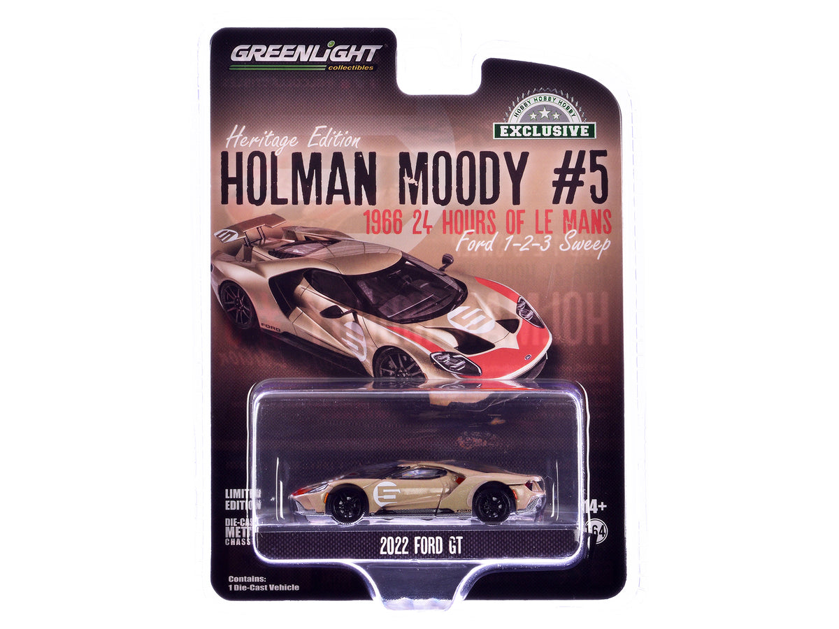 2022 Ford GT Heritage Edition #5 Holman-Moody '1966 24 Hours of Le Mans Ford 1-2-3 Sweep Tribute' Gold Metallic with Red Accents 'Hobby Exclusive' Series 1/64 Diecast Model Car by Greenlight