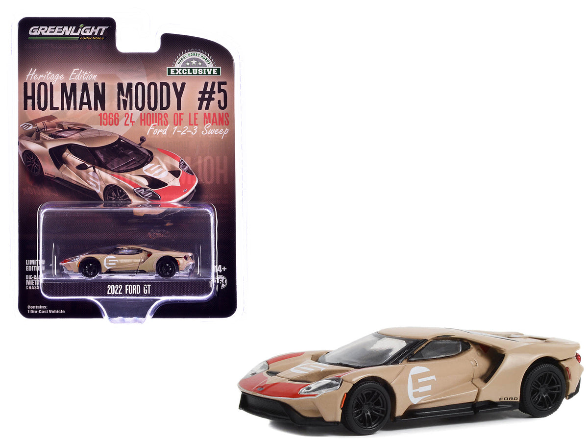 2022 Ford GT Heritage Edition #5 Holman-Moody '1966 24 Hours of Le Mans Ford 1-2-3 Sweep Tribute' Gold Metallic with Red Accents 'Hobby Exclusive' Series 1/64 Diecast Model Car by Greenlight