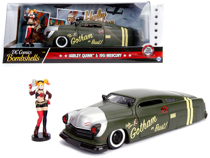 1951 Mercury Matt Green with Harley Quinn Diecast Figurine 'DC Comics Bombshells' Series 1/24 Diecast Model Car by Jada