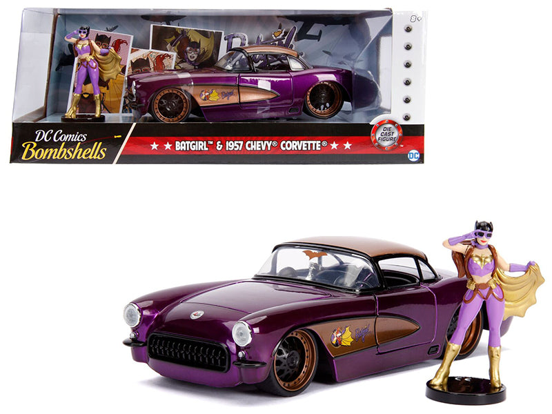 1957 Chevrolet Corvette Purple with Batgirl Diecast Figurine 'DC Comics Bombshells' Series 1/24 Diecast Model Car by Jada