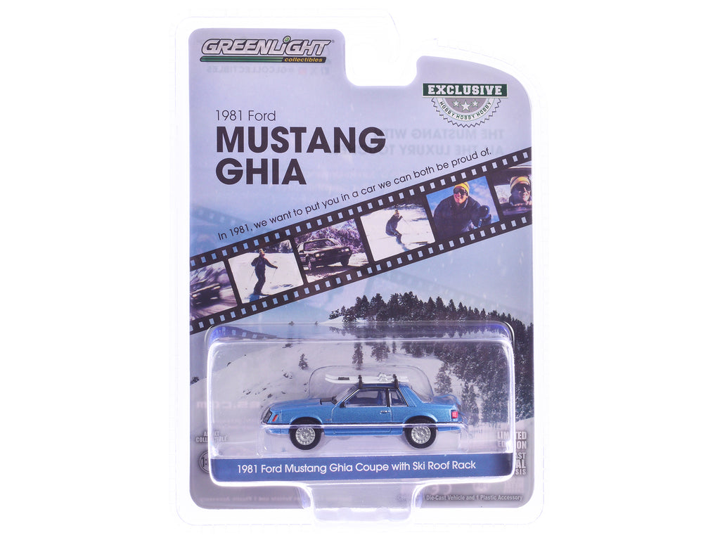 1981 Ford Mustang Ghia Coupe Blue Glow Metallic with Ski Roof Rack 'Hobby Exclusive' Series 1/64 Diecast Model Car by Greenlight
