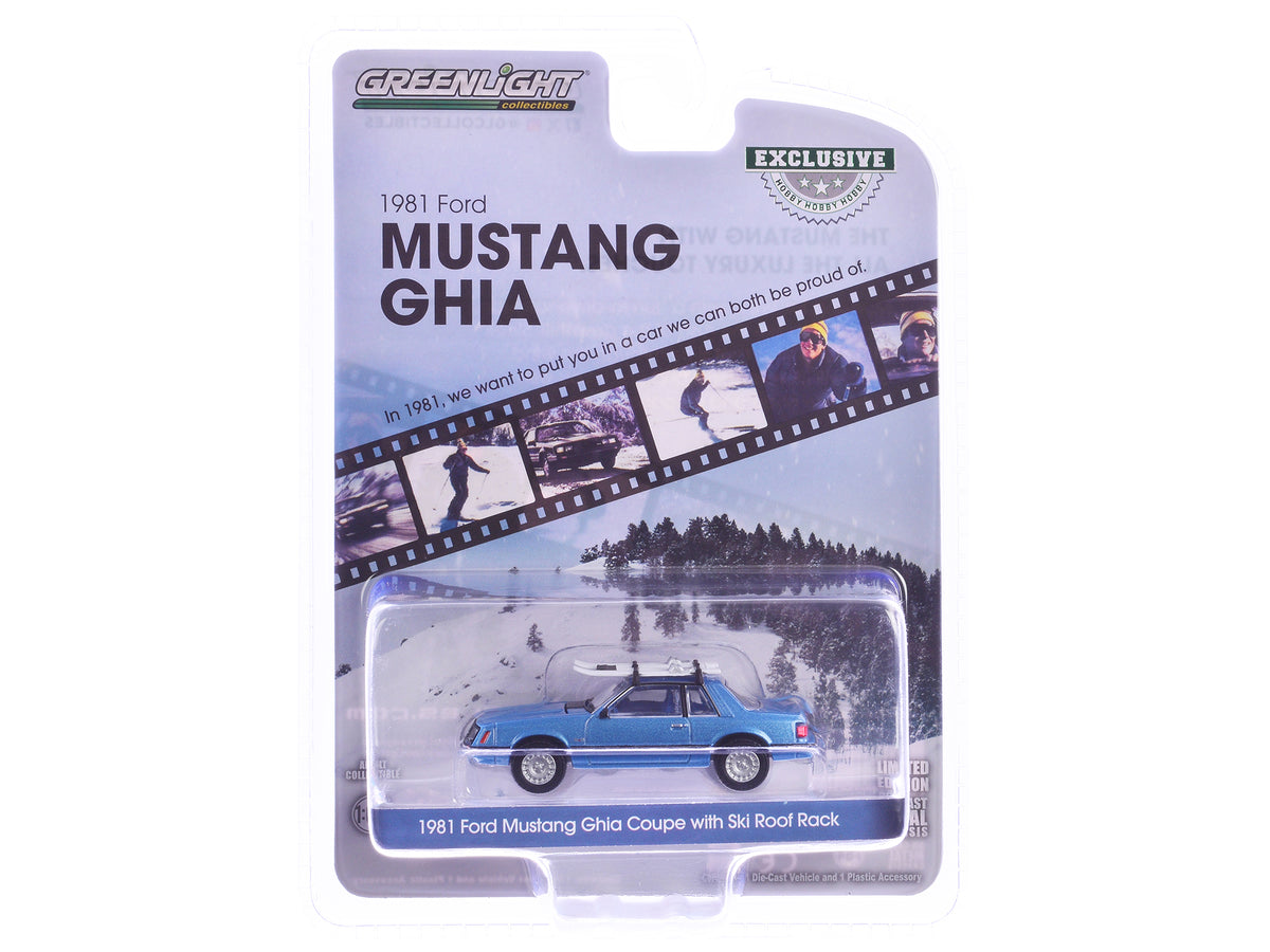 1981 Ford Mustang Ghia Coupe Blue Glow Metallic with Ski Roof Rack 'Hobby Exclusive' Series 1/64 Diecast Model Car by Greenlight
