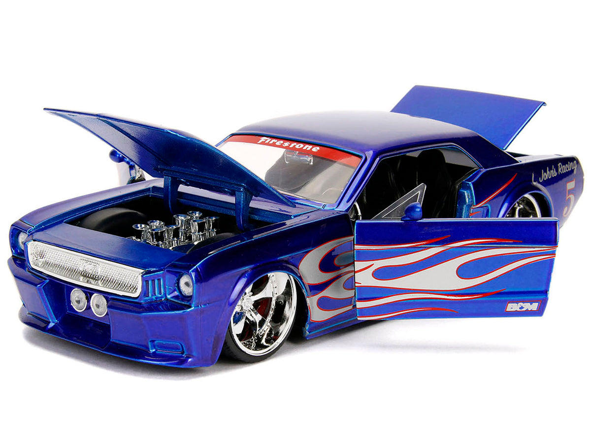 1965 Ford Mustang #5 'L. John's Racing' Candy Blue with Flame Graphics 'Bigtime Muscle' Series 1/24 Diecast Model Car by Jada