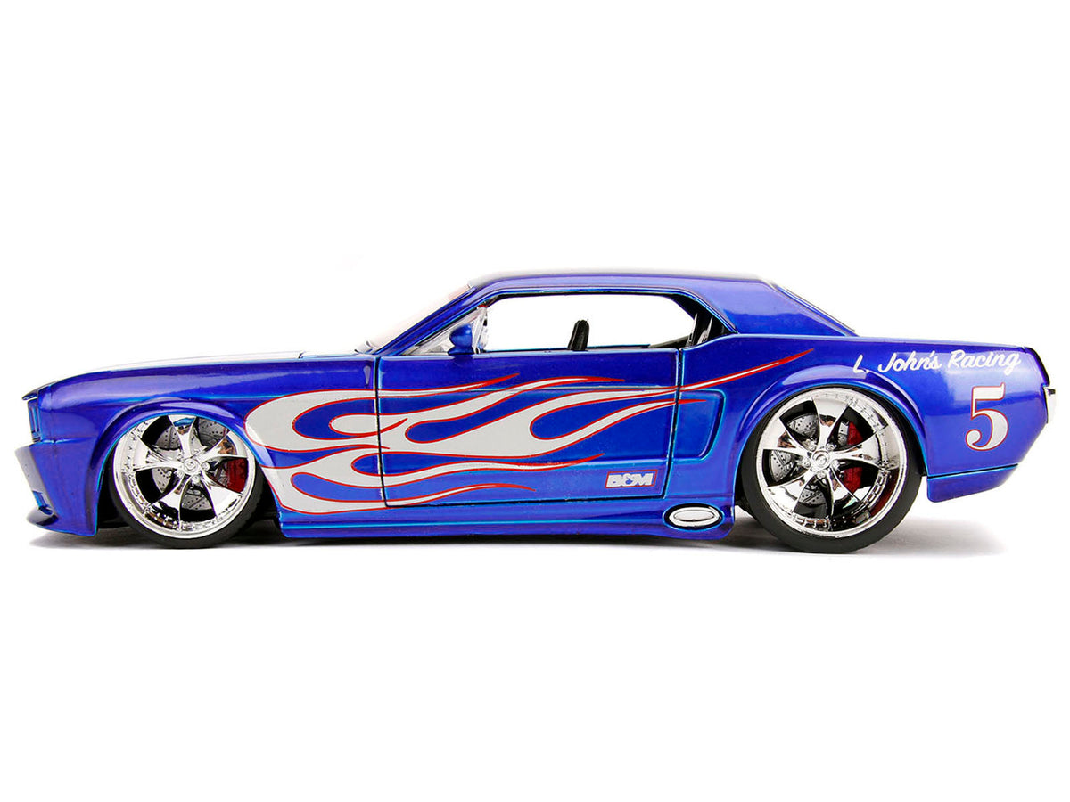 1965 Ford Mustang #5 'L. John's Racing' Candy Blue with Flame Graphics 'Bigtime Muscle' Series 1/24 Diecast Model Car by Jada