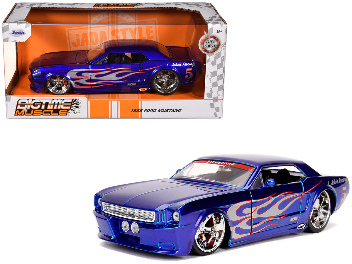 1965 Ford Mustang #5 'L. John's Racing' Candy Blue with Flame Graphics 'Bigtime Muscle' Series 1/24 Diecast Model Car by Jada
