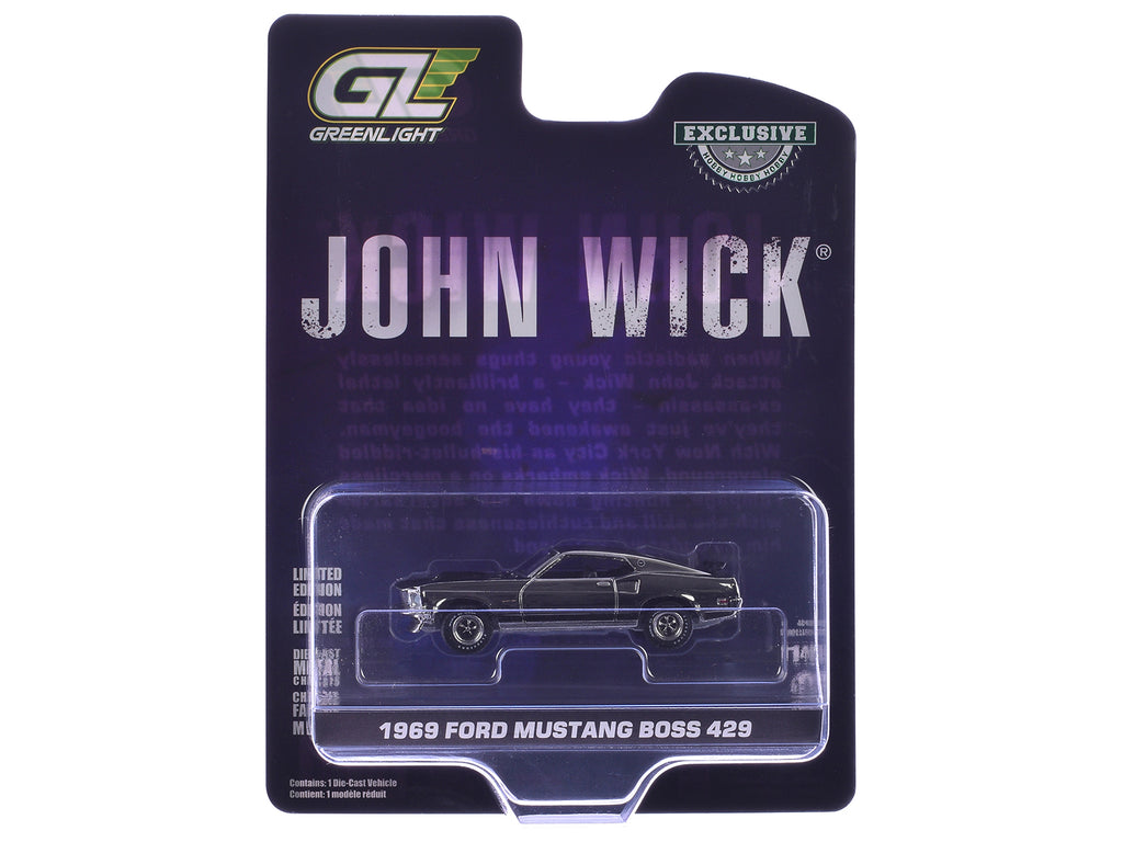 1969 Ford Mustang Boss 429 Silver Chrome Edition with Black Stripes 'John Wick' (2014) Movie 'Hobby Exclusive' Series 1/64 Diecast Model Car by Greenlight