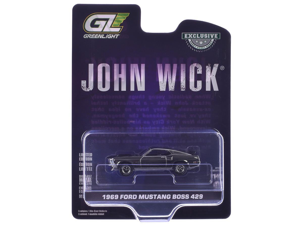 1969 Ford Mustang Boss 429 Silver Chrome Edition with Black Stripes 'John Wick' (2014) Movie 'Hobby Exclusive' Series 1/64 Diecast Model Car by Greenlight