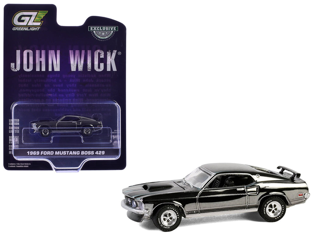 1969 Ford Mustang Boss 429 Silver Chrome Edition with Black Stripes 'John Wick' (2014) Movie 'Hobby Exclusive' Series 1/64 Diecast Model Car by Greenlight