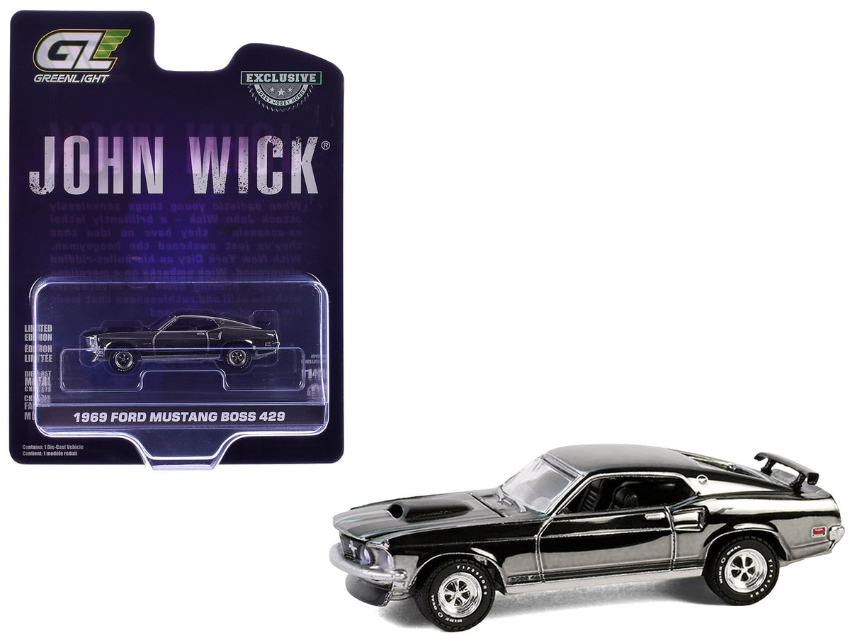 1969 Ford Mustang Boss 429 Silver Chrome Edition with Black Stripes 'John Wick' (2014) Movie 'Hobby Exclusive' Series 1/64 Diecast Model Car by Greenlight