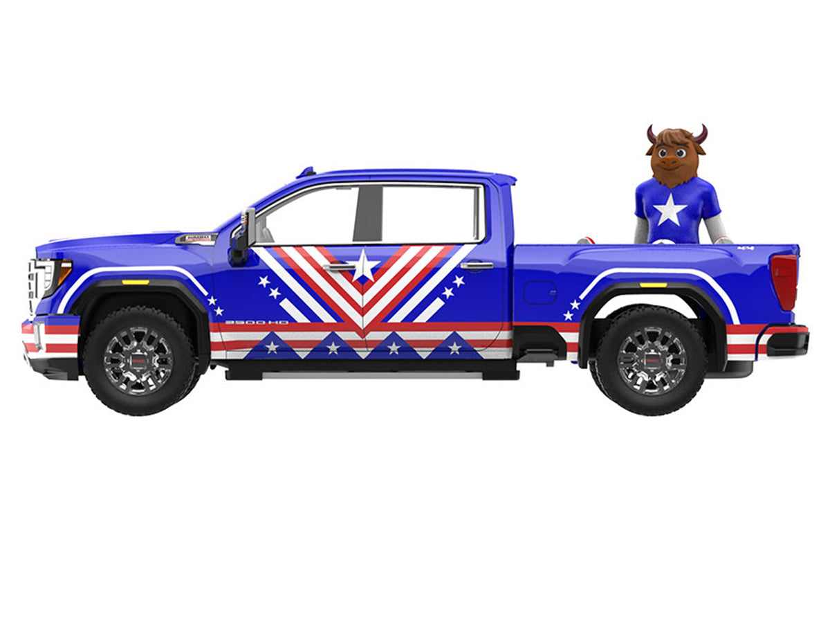 2022 GMC Sierra 3500 HD Pickup Truck Blue with American Soccer Graphics with Bison Figure 'International Soccer Celebration '26' Series 1/64 Diecast Model Car by Greenlight