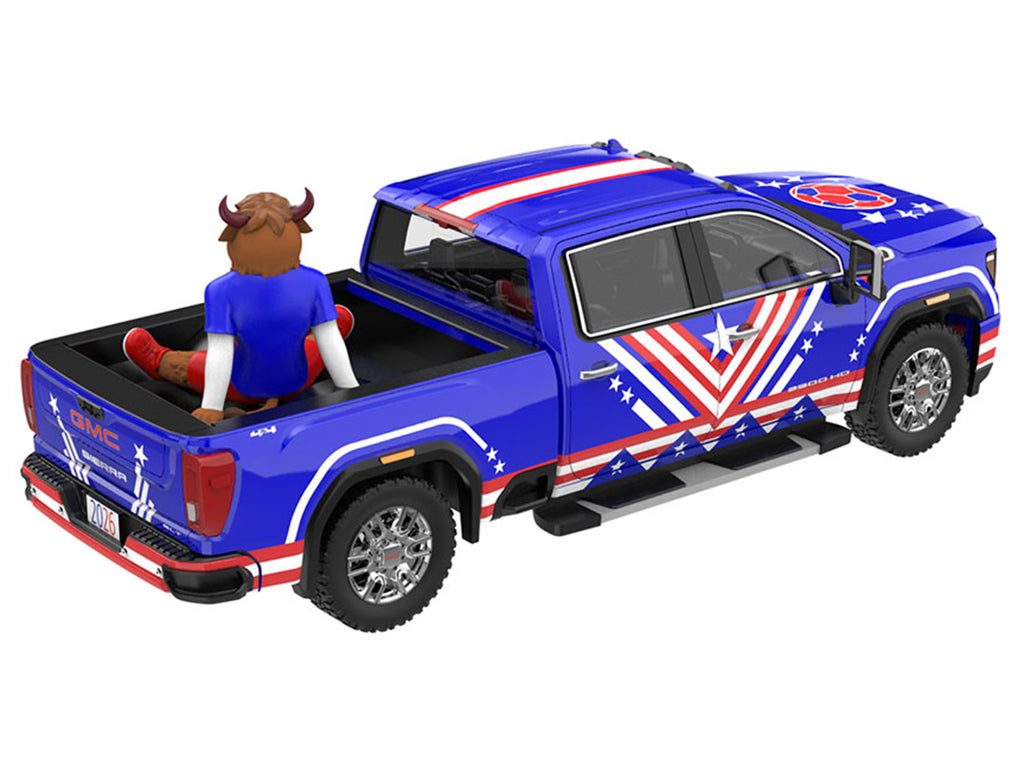 2022 GMC Sierra 3500 HD Pickup Truck Blue with American Soccer Graphics with Bison Figure 'International Soccer Celebration '26' Series 1/64 Diecast Model Car by Greenlight