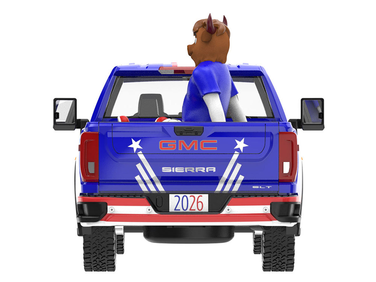 2022 GMC Sierra 3500 HD Pickup Truck Blue with American Soccer Graphics with Bison Figure 'International Soccer Celebration '26' Series 1/64 Diecast Model Car by Greenlight