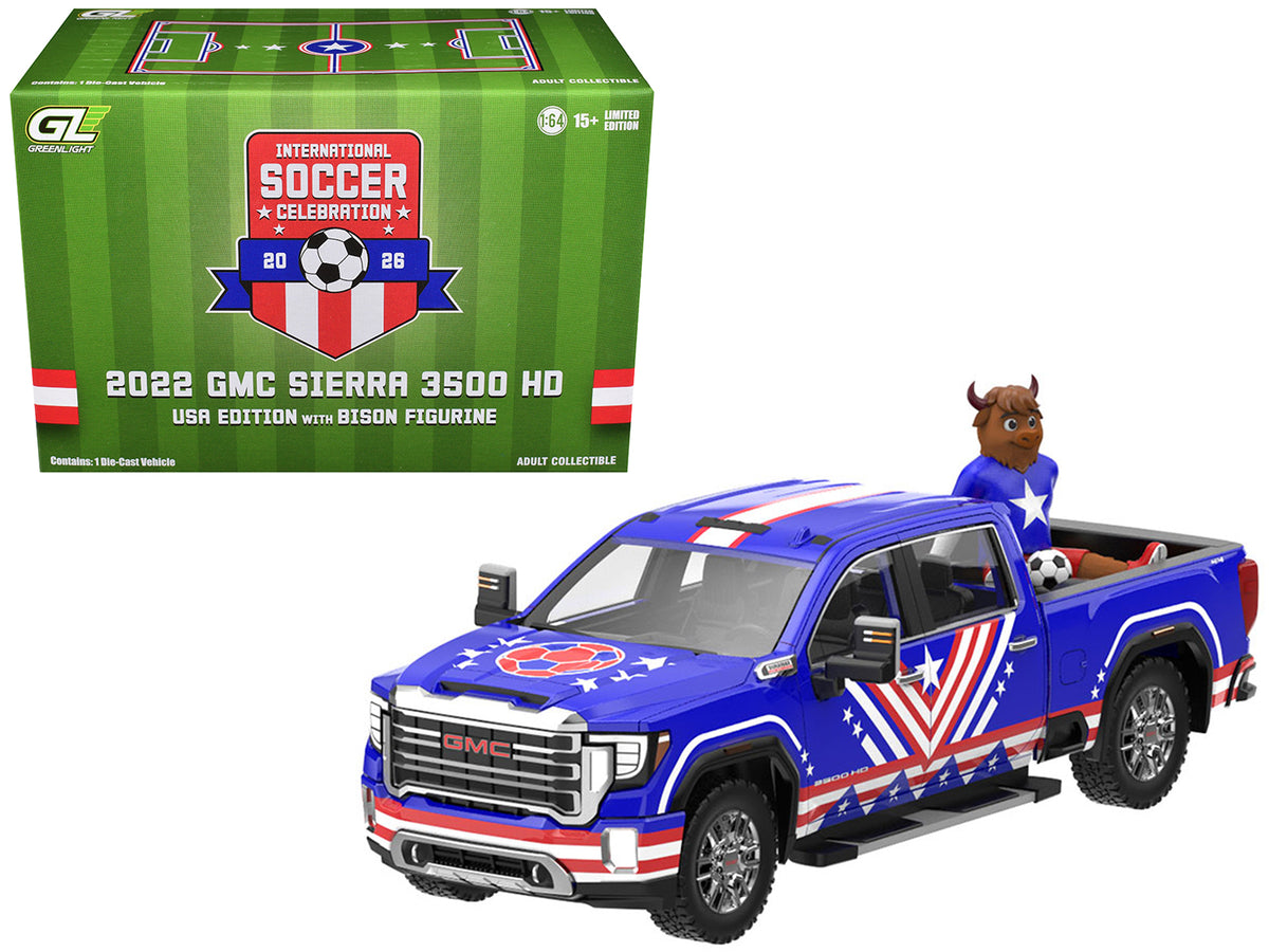 2022 GMC Sierra 3500 HD Pickup Truck Blue with American Soccer Graphics with Bison Figure 'International Soccer Celebration '26' Series 1/64 Diecast Model Car by Greenlight