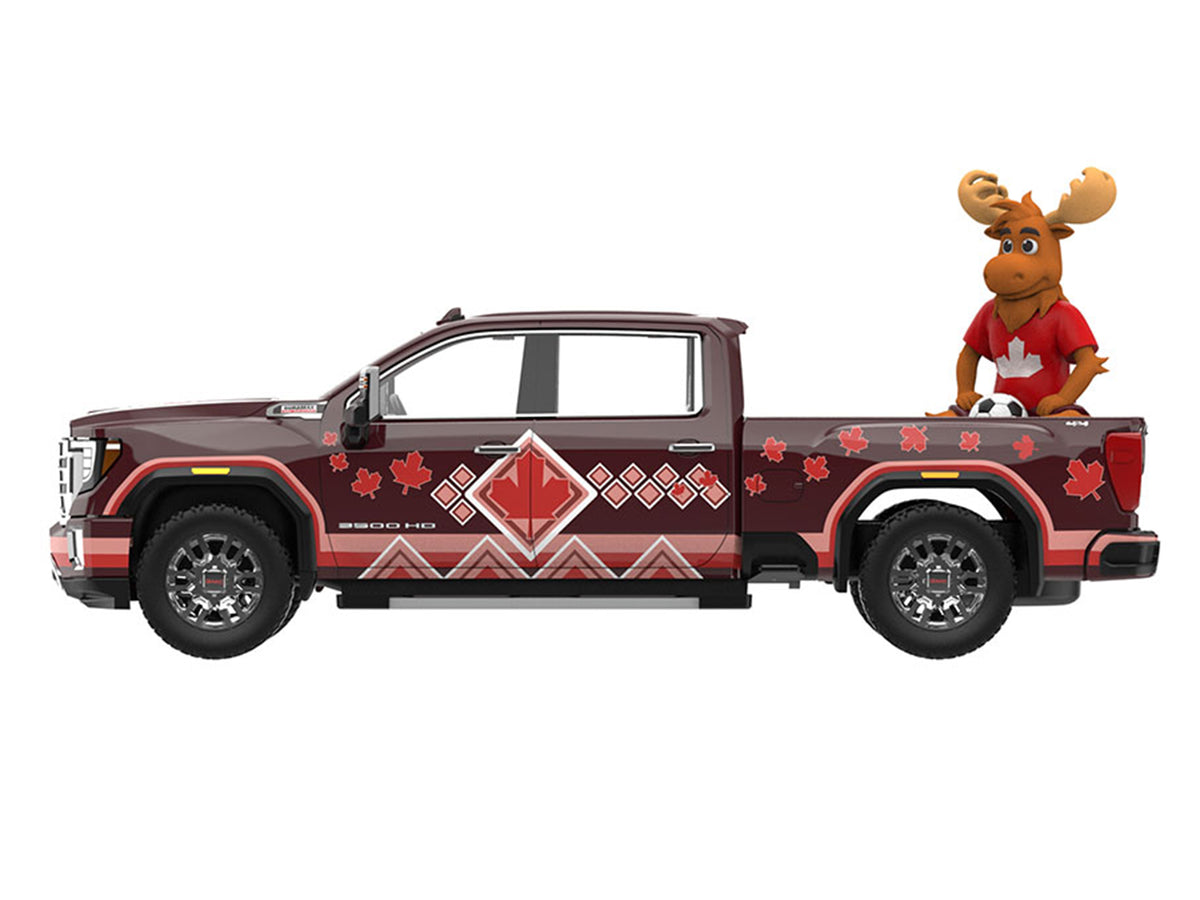 2022 GMC Sierra 3500 HD Pickup Truck Dark Red with Canadian Soccer Graphics with Moose Figure 'International Soccer Celebration '26' Series 1/64 Diecast Model Car by Greenlight